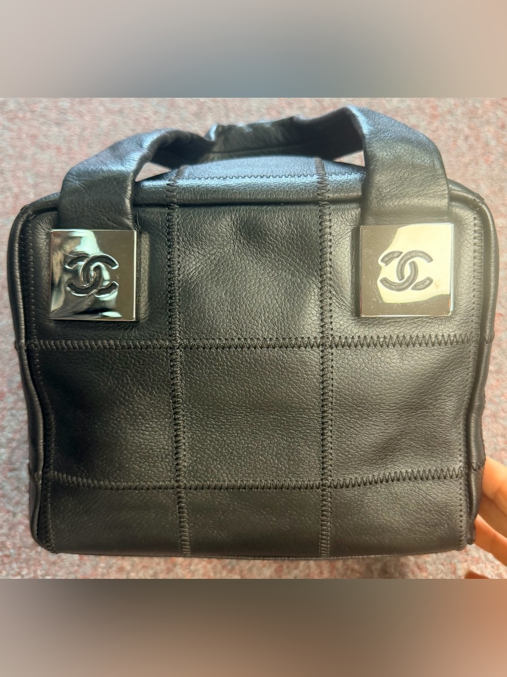 CHANEL Chocolate Bar Coco Mark Caviar Skin Black Silver-Tone Hardware Tote Bag